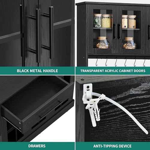 YITAHOME 71'' Kitchen Pantry Storage Cabinet with Microwave Stand, Tall Freestanding Hutch Cabinet with Power Outlet, Pantry Cabinet with Buffet Cupboard, Drawers and Acrylic Doors for Home, Black YITAHOME