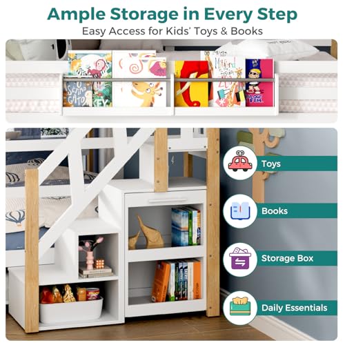 Wooden Full Over Full Bunk Bed with Trundle, Storage Stairs & Convertible Fold-Out Desk, Durable Solid Wood Frame, No Box Spring Required, Ideal for Kids, Teens & Adults (White + Natural Wood, Full) smilesun