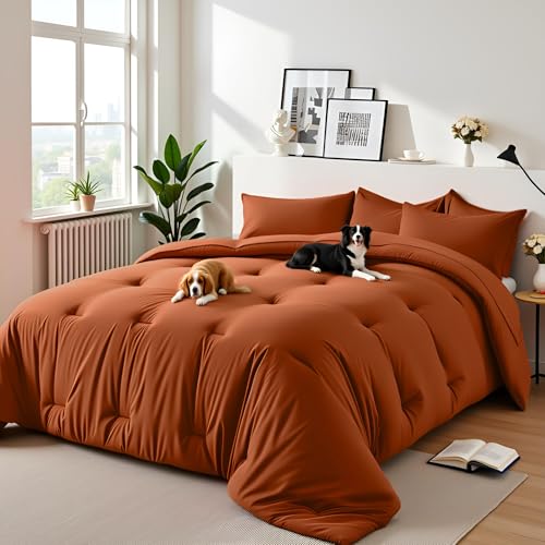 Easthome Twin Comforter Set 5 Piece - Soft Bed in a Bag Queen Size Comforter Sets, Cozy Luxury Bedding Sets with All Season Comforter, Flat Sheet, Fitted Sheet,Pillowcases & Shams, Orange Easthome