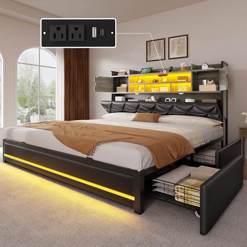 YITAHOME King Size Bed Frame with RGB LED Lights & Storage Bookcase Headboard, Upholstered Bed with Charging Station and 4 Drawers, No Box Spring Needed, Easy Assembly, Noise-Free, PU Leather Black YITAHOME