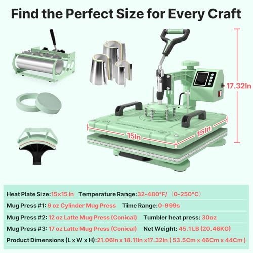 Slendor 8 in 1 Heat Press Machine 15x15 inch 360-Degree Swing Away Digital T Shirt Pressing Machine Multifunction Heat Transfer Sublimation Combo for T Shirts Mugs Hat Plate Cap, Green Slendor