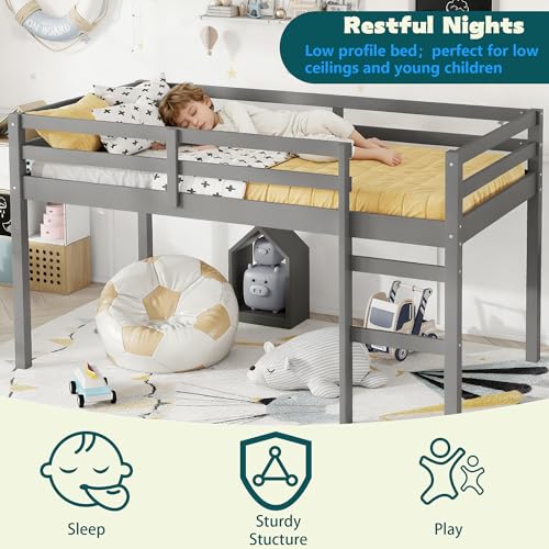 Mirightone Low Loft Bed Twin Size, Wood Junior Loft Bed Frame with Ladder for Kids Girls Boys Teens, Solid Rubberwood, Gray Mirightone