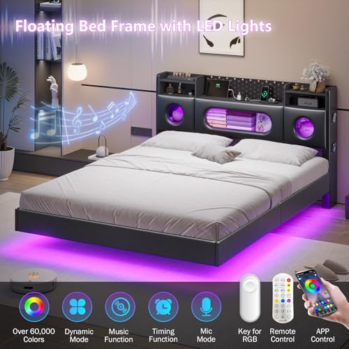 Dnxao Floating Bed Frame Queen with Headboard, Upholstered Platform Queen Bed Frame with Storage, LED Lights and Charging Station, Noise Free, No Box Spring Needed,Quick Setup System,PU Black Dnxao