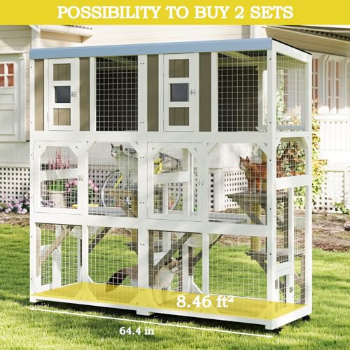 Mayugardening Catio Outdoor Cat Enclosure,Outdoor Cats House with 5 Platforms & Space Capsule,Wooden Cat Catio Cats Enclosure with Weatherproof Oxford Cloth Roof & 4 Wheels,Grey mayugardening