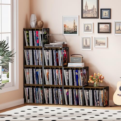 VYUOL Vinyl Record Storage,Vinyl Record Holder Up to 80-100 Albums,4-Compartment Record Player Stand for Magazine,Book,CD,Files,Albums VYUOL