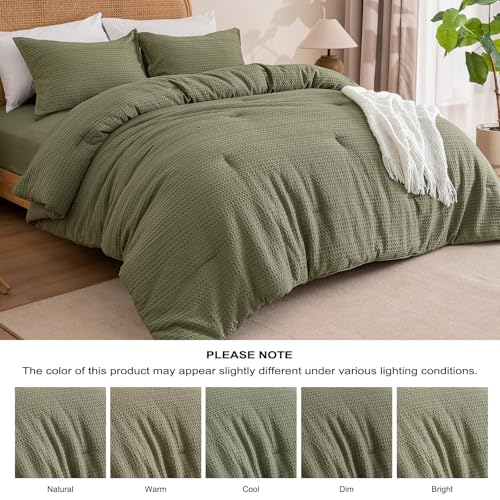 PHF Soft Waffle Comforter Set King Size- Comfy Breathable Waffle Weave Comforter with 2 Pillow Shams, 3 Pieces Less Snagging Lightweight Textured Bedding Set for All Season, Olive Green PHF