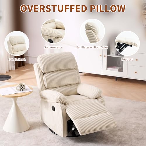 Adult 360° Rocking Recliner Chair,Nursery Rocker Reclining Chair with Side Pocket, a Comfy upholstered Single Sofa Armchair. Suitable for Living Room, Bedroom Nursing use, Velvet Fabric in Beige