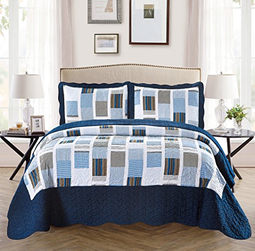 Fancy Collection 3pc Bedspread Bed Cover Over Size New (Full/Queen, Navy Blue Stripes Squares Plaid) Fancy Linen