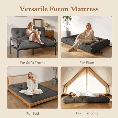 Furnify 6" Futon Mattress Queen Size, Futons Sofa Couch Bed with Straps, Thick Corduroy Fabric Floor Mattress for Adults, Foldable Mattress with Shredded Foam Filling (Frame Not Included), Grey Furnify