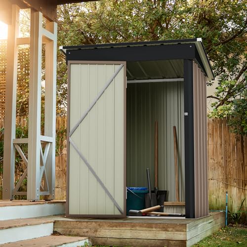 Greesum Outdoor Storage Shed 5 x 3 ft. Utility Tool Shed Metal Storage Garden Shed with Door & Lock for Patio Storage, Brown Greesum