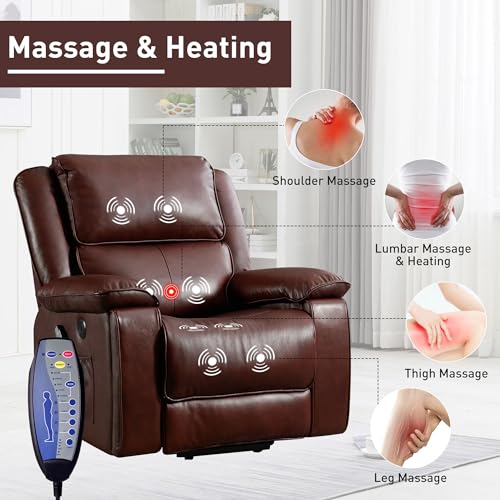 Bonzy Home Genuine Leather Lift Recliner Chair with Heat and Massage, Leather Power Lift Recliner RV Recliner for Adults Elderly, 2 Hidden Cup Holders, USB Port, Red Brown