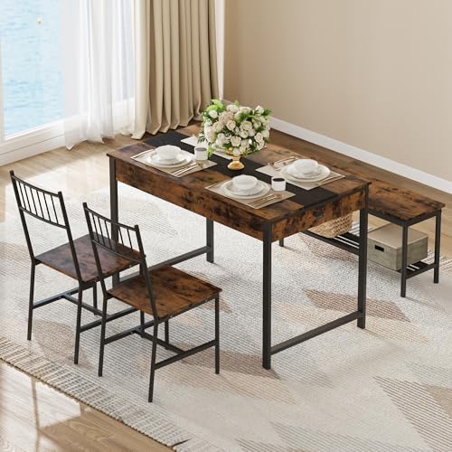 IDEALHOUSE Dining Table Set for 4, Small Kitchen Table and 2 Chairs for 4 with Bench, Breakfast Nook Rectangular Farmhouse Table Set, Space Saving Kitchen Table Set with Storage Drawers, Retro Brown IDEALHOUSE