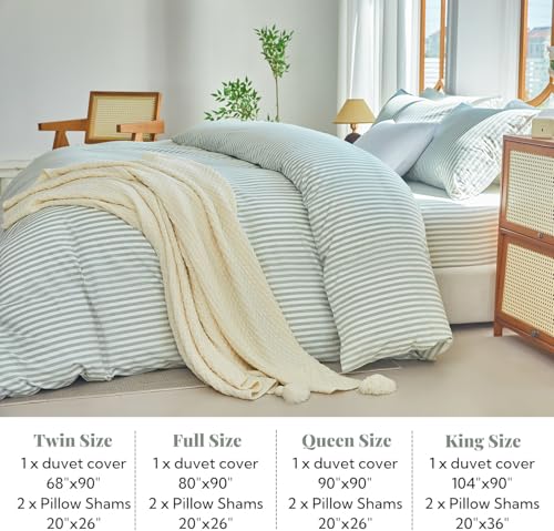 XINMIANFANG Striped Duvet Cover Set Full Size 3 Pcs 100% Washed Cotton Linen Like Textured Natural Wrinkle Comfy Breathable (Full, Classic Stripe-Sage Green/White) XINMIANFANG