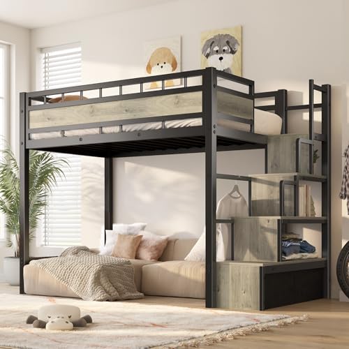 SogesSleep Loft Bed Twin Size with Stairs, More Sturdy Metal Loft Bed with Built-in Storage Stairs and Large Under-Bed Space, Used for Teens, Space Saving for Apartment or Dorm, No Box Spring, Black SogesSleep