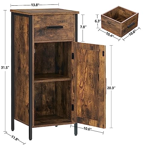 usikey Small Storage Cabinet, Narrow Cabinet with 1 Door and 1 Drawer, Industrial Side Cabinet with 2 Shelves, Nightstand, Small Cabinet for Living Room, Kitchen, Office, Brown usikey