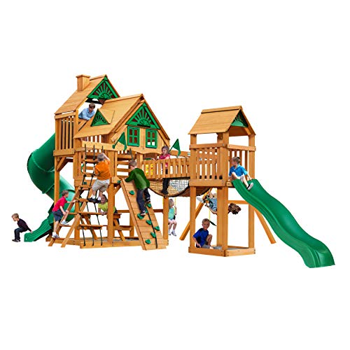 Gorilla Playsets 01-1037-AP Treasure Trove Treehouse Wood Swing Set with Tube Slide, Built-in Sandbox Area, and Clatter Bridge, Amber Gorilla Playsets