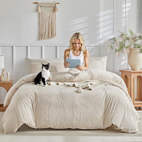 Jameswish 7 Pieces Bow Tufted Boho Comforter Set Khaki Farmhouse Shabby Chic Embroidered Bedding for All Seasons Twin Size with Comforter Sheets Pillowcases Shams Jameswish