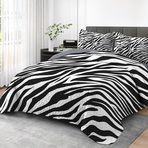 Pamnest Quilt Set King Size, Zebra Stripe Animal 3 Pcs Soft Bed Cover Bedding Set for Kids and Adults, Black White Lightweight Bedspread Coverlet with Pillow Sham for All Season Pamnest