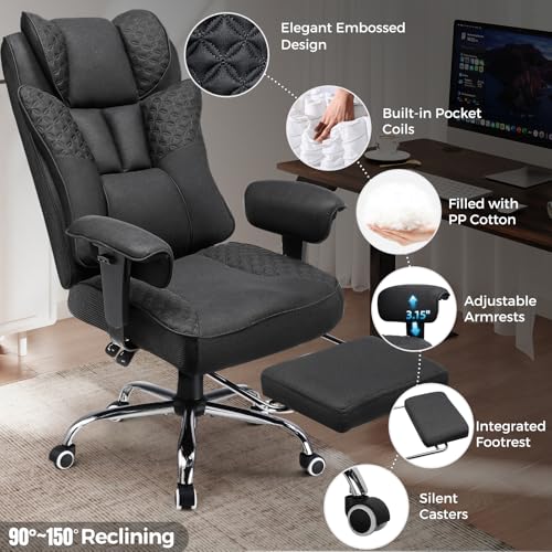 GTPLAYER Big and Tall Office Chair 400LBS Wide Ergonomic Fabric Deluxe Embossing Designed Gaming Chair with Foot Rest,150°Reclining Adjustable Armrests Pocket Spring Back Support and Pillow GTPLAYER
