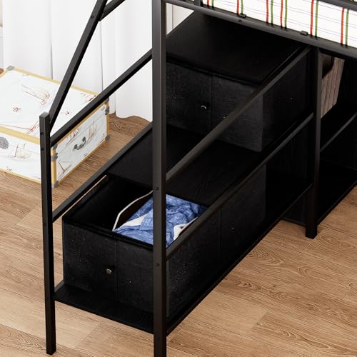 PVWIIK Staircase Full Size Loft Bed with L-Shaped Desk with Wardrobe,Charging Cradle,Loft Bed Frame with LED Lights for Kids Youths Adults Dorm Bedroom, No Box Spring Needed,Black PVWIIK