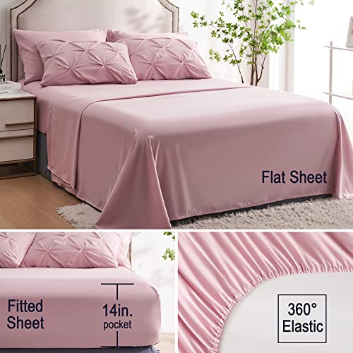 Ubauba 7pc Pink Queen Comforter Set, Pintuck Bed in a Bag Blush Bed Set with Comforters and Sheets 7 Piece, All Season Pinched Bedding Sets for Women (Pink,Queen Size) Ubauba