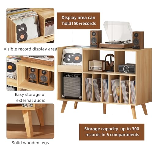 LELELINKY Natural Wood 48''Record Player Stand with Storage and Display Area, Turntable Stand Vinyl Record Holder Player Table Holds Up to 450 Albums, Record Stand for Music Room Living Room LELELINKY