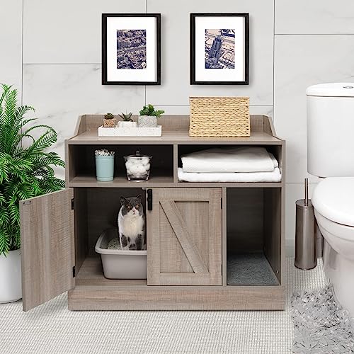 Front Row Cat Litter Box Furniture Enclosure | Wooden Hideaway Litterbox | Magnetic Closure with Metal Latch | Includes Cat Litter Trapping Non-Slip Mat with Scatter Control | Greige FRONT ROW