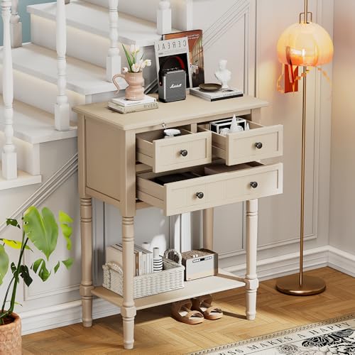 Knocbel Slim Antique Entry Console Table with 3 Drawers & Bottom Open Shelf, Solid Wood Narrow Sofa Couch Table for Entryway Hallway Living Room 23.7" W x 13" D x 31.4" H Beige Knocbel