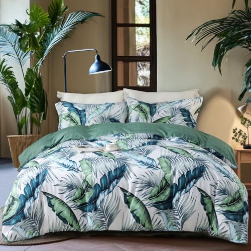 OAITE Duvet Cover King Size,Reversible Summer Leaf Green Duvet Cover Set with Zipper Closure, 3 Pieces Modern Patterns Soft Microfiber Bedding Set with 8 Ties(104’’*90’’,2 Pillow Cases) OAITE