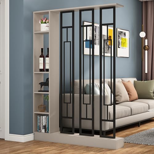 Wall Room Divider, Modern Freestanding Wood Room Divider Screen with Shelf & Cabinet Storage for Living Room,Office, Bedroom (Khaki+Black, 47" L x 9.5" W x 79.5" H) GRGECXZ