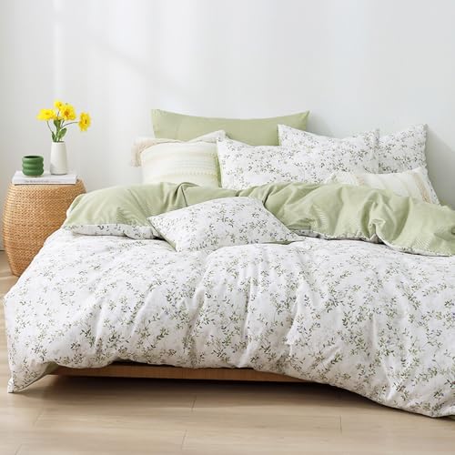 LEMIROE Botanical Cotton Comforter Queen Size - Tender Green Comforter Printed with Leafy Branches & Purple Stamens on Off-White,Reversible Lightweight Bedding Sets 3Pcs LEMIROE