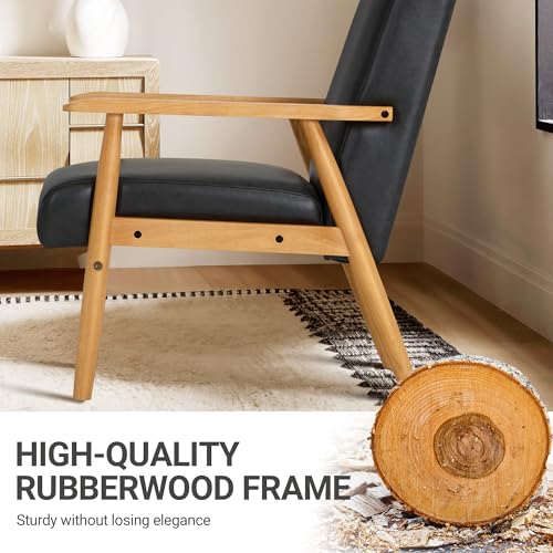 COLAMY PU Leather Accent Chair for Living Room, Mid Century Modern Relaxing Armchair with Solid Wood Frame & Soft Cushion, Reading Leisure Chair with High Back(Black COLAMY