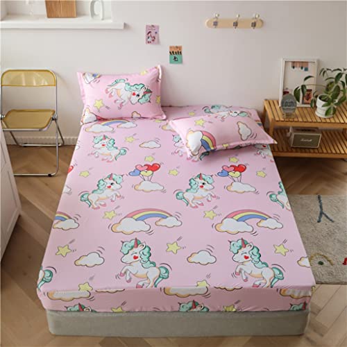 Girls Unicorn Fitted Sheet King Cute Dreamy Horse Bed Sheet Set for Kids Children Bedroom Decor Cartoon Magical Animal Bedding Set Girly Fantasy Unicorn Rainbow Bed Cover (Flat Sheet Not Included) Feelyou