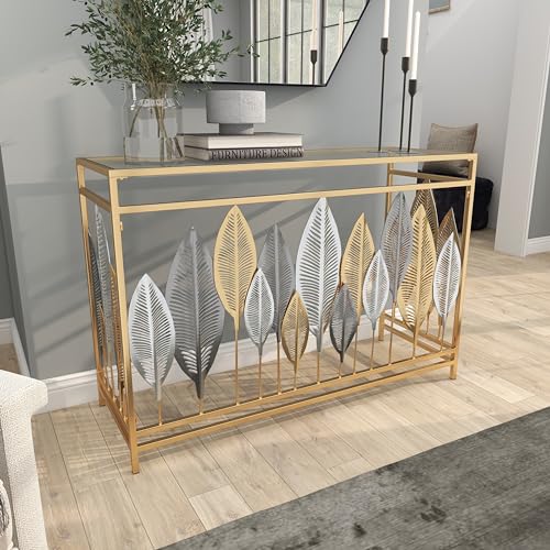 Deco 79 Metal Leaf Console Table with Mirrored Glass Top and Silver Accents, 44" x 16" x 30", Gold Deco 79