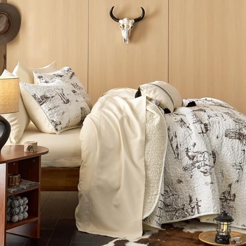 Wake In Cloud - Western Quilt Set, Rustic Ranch Life with Cowboy Southwestern Vintage Country Pattern Printed, Reversible Lightweight Bedspread Coverlet, 3 Pieces, Beige Brown, Twin/Twin XL Size Wake In Cloud