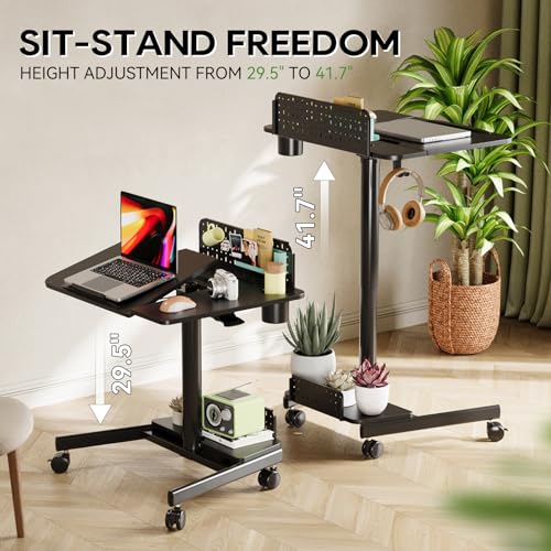 JOY worker Mobile Standing Desk with 60° Tiltable Desktop, 28" Height Adjustable Rolling Desk, DIY Pegboard & Storage Base, Portable Laptop Desk with 4 Lockable Wheels for Home Office, Black JOY worker
