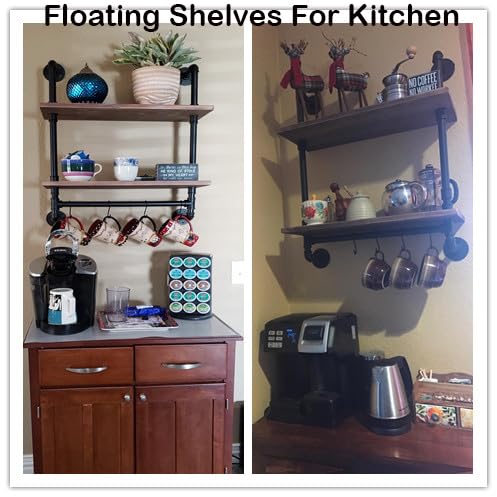 ROGMARS Pine Wood Floating Shelves Wall Shelves 24 inch,Bathroom Pipe Shelves with Towel Rack, Industrial Wall Mounted Shelf for Bathroom Decor for Living Room Bedroom Kitchen Bathroom ROGMARS