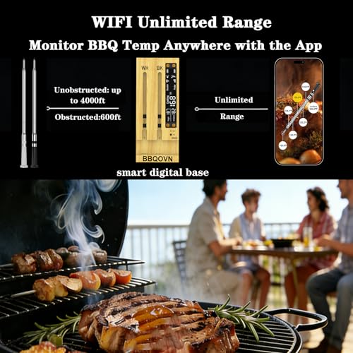 BBQOVN WiFi Sub-1G Wireless Meat Thermometer Unlimited Range 7 NIST Certified Sensors with Ambient Temp 2 Temp Monitoring Ways Digital Smart Base and App for BBQ, Smoker, Grill, Oven (Dual Probes)
