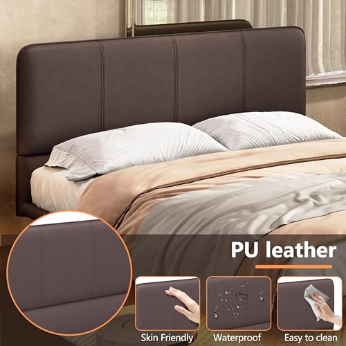 Christopher Knight Home Queen Size Floating Bedframe, Upholstered Bed Frame with Headboard, Faux Leather Platform Bed, Modern Design with LED Lighting, Easy Assembly, No Boxing Spring Needed, Coffee Christopher Knight Home