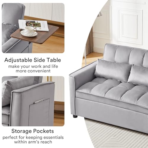 Rovibek Futon Sofa Bed Pull Out 3 in 1 Sleeper Sofa Couch Bed Convertible Sleeper Loveseat with Side Table & Reclining Backrest, Pillows and Pockets, for Living Room Apartment Office Rovibek