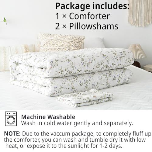 LEMIROE Botanical Cotton Comforter Queen Size - Tender Green Comforter Printed with Leafy Branches & Purple Stamens on Off-White,Reversible Lightweight Bedding Sets 3Pcs LEMIROE