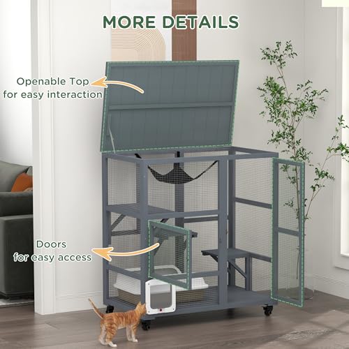 PawHut Large Cat House, Indoor/Outdoor Wooden Cat Catio on Wheels, Cat Enclosure with Platforms, Hammock, Cat Flap Door & Openable Top, Luxury Kitty House for 2 Cats, 39" PawHut