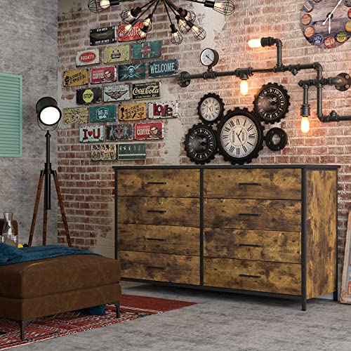 IKENO 8 Drawer Dresser, Industrial Wood Storage Dressers & Chests of Drawers with Sturdy Steel Frame, Storage Dresser for Bedroom Wood (Rustic Brown) IKENO