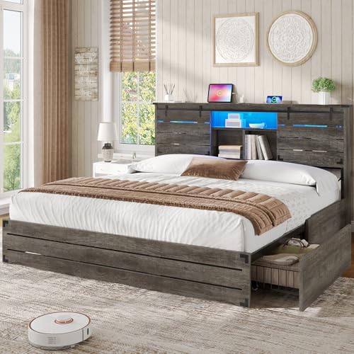 VIAGDO Wooden Bed Frame King Size with Bookcase Headboard and Sliding Barn Door, Farmhouse King Bed Frame with Charging Station, LED Lights and 4 Storage Drawers, No Box Spring Needed, Grey VIAGDO