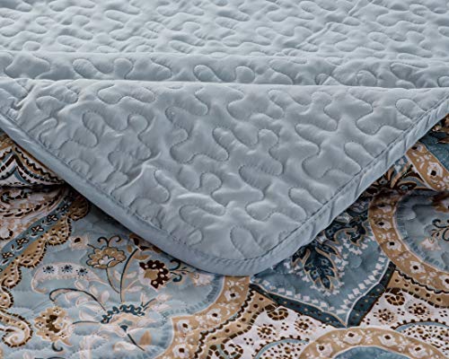 Luxury Home Collection 3 Piece Full/Queen Quilted Reversible Coverlet Bedspread Set Floral Printed Blue Taupe Luxury Home