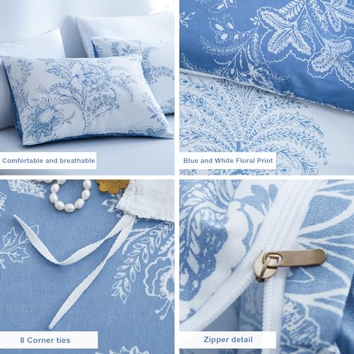 BOLINLIVING Floral Duvet Cover Full Size 3 Pieces, Flower Duvet Cover with 2 Pillow Shams, Soft Floral Bedding Set White and Blue for All Season, Breathable, Zipper Closure… BOLINLIVING