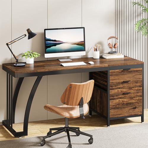 Tribesigns 59 Inch Computer Desk with 3 Drawers, Industrial PC Desk Study Writing Table Workstation with File Storage, Home Office Desks with Large Desktop and Metal Frame, (Rustic Brown) Tribesigns