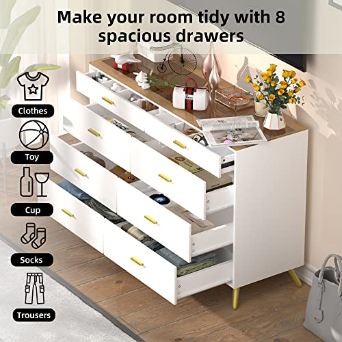 PAKASEPT White Dresser with LED Lights for Bedroom,8 Drawer Dressers with Tempered Glass Top,Chests of Drawers with 2 Grid Drawer,Storage Organizer Dresser for Hallway,Living Room PAKASEPT