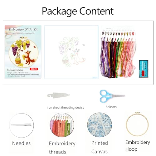 Zhenqing Fox and Grape Vine Embroidery Kit for Beginners, Pre-Printed 29x29cm Circular Cotton Fabric with 20cm Hoop, Whimsical Garden Scene (C0223)