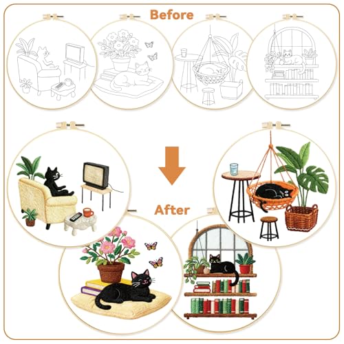 BEUNITONE 4 Set Embroidery Kit for Beginners, Daily Life of Cats Patterns Cross Stitch Kits, Needlepoint Kits for Adults with Hoop, Cute Hand Embroidery Patterns for Cloth and Home Decor